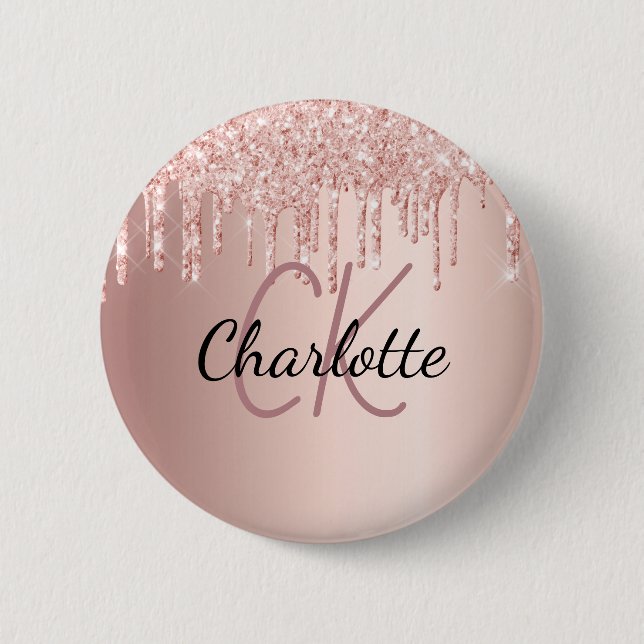 Rose gold glitter drips monogram name 2 inch round button (Front)