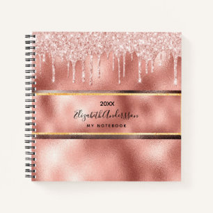 Rose gold glitter drips monogram name notebook