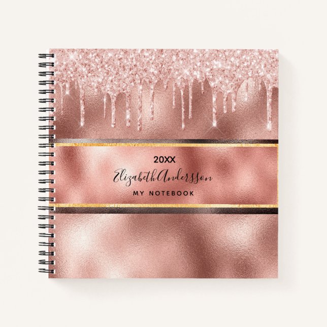 Rose gold glitter drips monogram name notebook (Front)