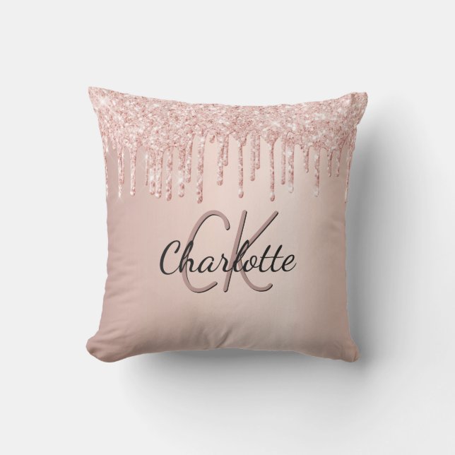 Rose gold glitter drips monogram name outdoor pillow (Front)