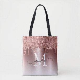 Rose Gold Glitter Drips Monogram Name Tote Bag