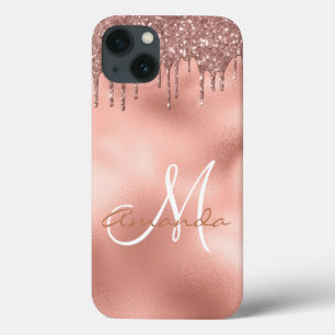Rose Gold Glitter Drips Monogram Personalized iPhone 13 Case