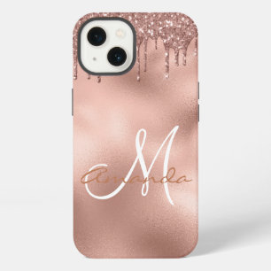 Rose Gold Glitter Drips Monogram Personalized iPhone 13 Case