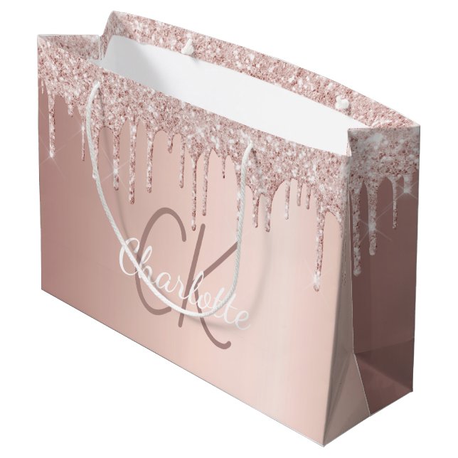 Rose gold glitter drips monogram script elegant large gift bag (Back Angled)