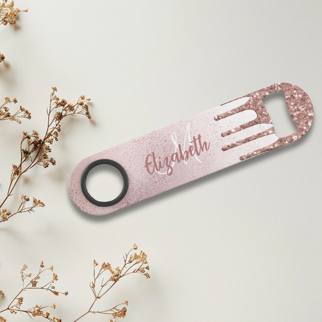Rose Gold Glitter Drips Monogram Stylish Bar Key (Creator Uploaded)