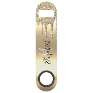 Rose Gold Glitter Drips Monogram Stylish Metal Bar Key