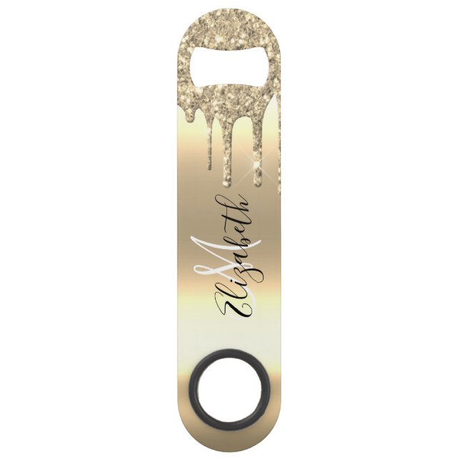 Rose Gold Glitter Drips Monogram Stylish Metal Bar Key (Front)