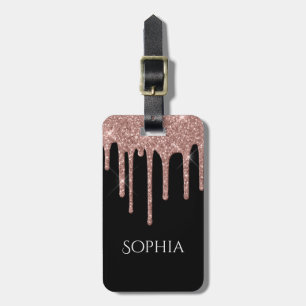 Rose Gold Glitter Drips, Name & Info on Black Luggage Tag