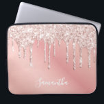 Rose gold glitter drips name laptop sleeve<br><div class="desc">An elegant,  girly and glam ipad case. Faux rose gold and pink glitter drip,  paint drip.  Chic pink,  peach ombre coloured background. Insert your name,  written with a modern hand lettered style script. White coloured letters.</div>