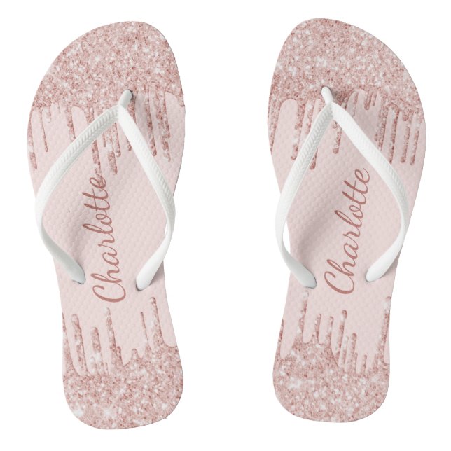 Rose gold glitter drips name script flip flops (Footbed)
