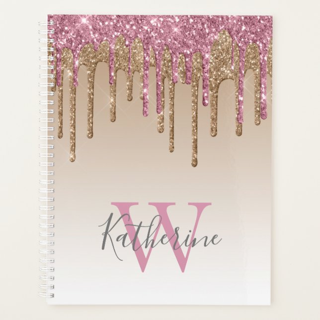 Rose Gold Glitter Drips Ombre Monogram 2024 Planner (Front)