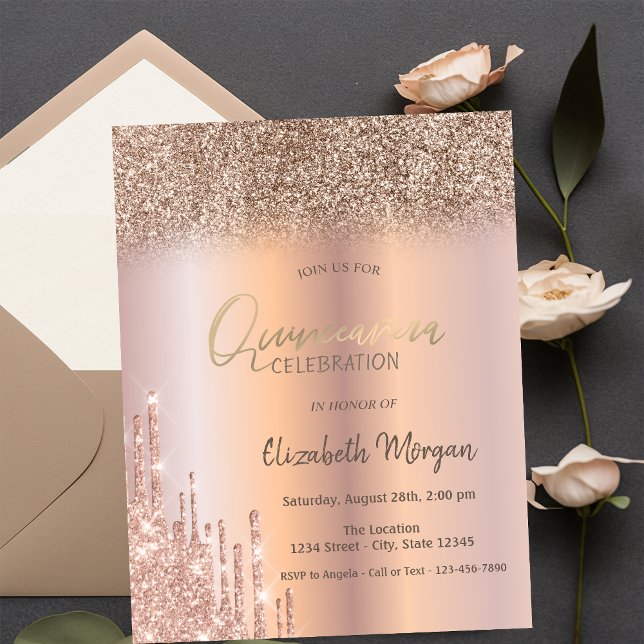 Rose Gold Glitter Drips Ombre Quinceañera Invitation (Creator Uploaded)