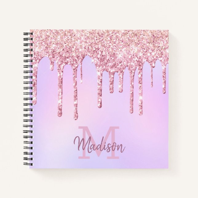 Rose Gold Glitter Drips Ombre Unicorn Monogrammed Notebook (Front)