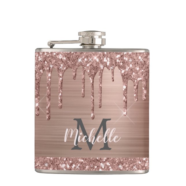 Rose Gold Glitter Drips on Pink Metal Monogrammed Hip Flask (Front)