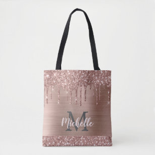 Rose Gold Glitter Drips on Pink Metal Monogrammed Tote Bag