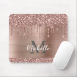 Rose Gold Glitter Drips on Pink Metal Name Mouse Pad<br><div class="desc">Modern, girly rose gold glitter drips name and monogrammed mousepad. This design features blush pink rose gold glitter sparkle drips on pink brushed metal background with custom personalized monogram initial and first name text template. Perfect feminine gift. Please note, this design is printed photo effect. If you need help or...</div>