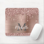Rose Gold Glitter Drips on Pink Metal Name Mouse Pad<br><div class="desc">Modern, girly rose gold glitter drips name and monogrammed mousepad. This design features blush pink rose gold glitter sparkle drips on pink brushed metal background with custom personalized monogram initial and first name text template. Perfect feminine gift. Please note, this design is printed photo effect. If you need help or...</div>