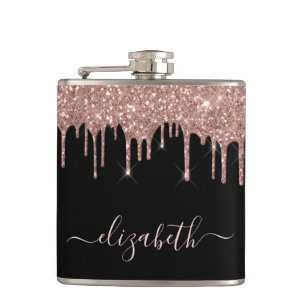 Rose Gold Glitter Drips Personalized Black Hip Flask