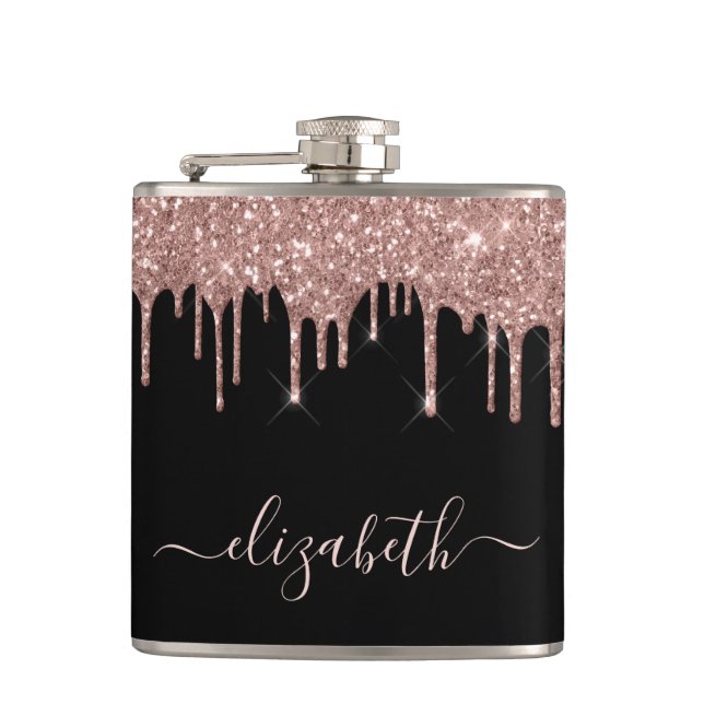 Rose Gold Glitter Drips Personalized Black Hip Flask (Front)