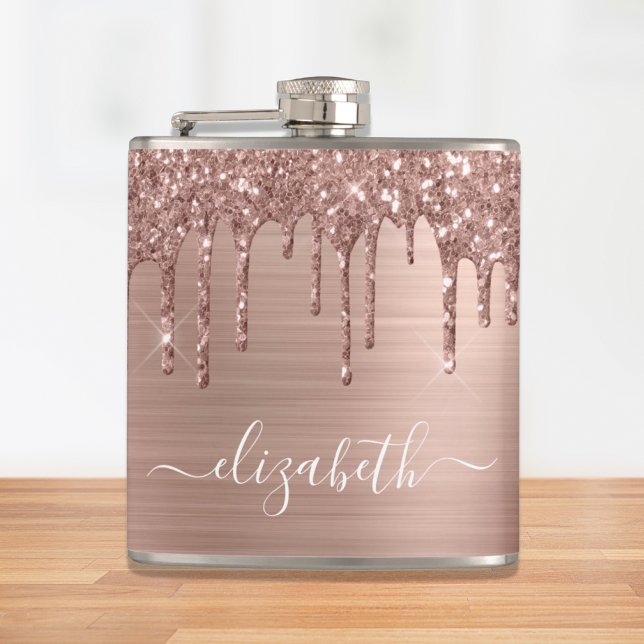 Rose Gold Glitter Drips Personalized Hip Flask (Creator Uploaded)