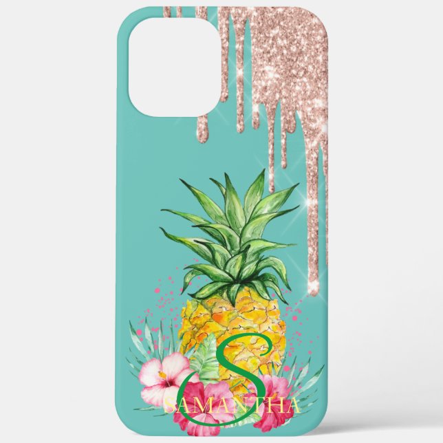 Rose Gold Glitter Drips Pineapple Hibiscus Case-Mate iPhone Case (Back)