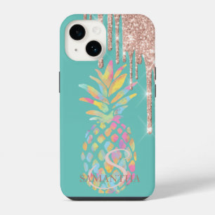 Rose Gold Glitter Drips Pineapple Mint Green iPhone 14 Case
