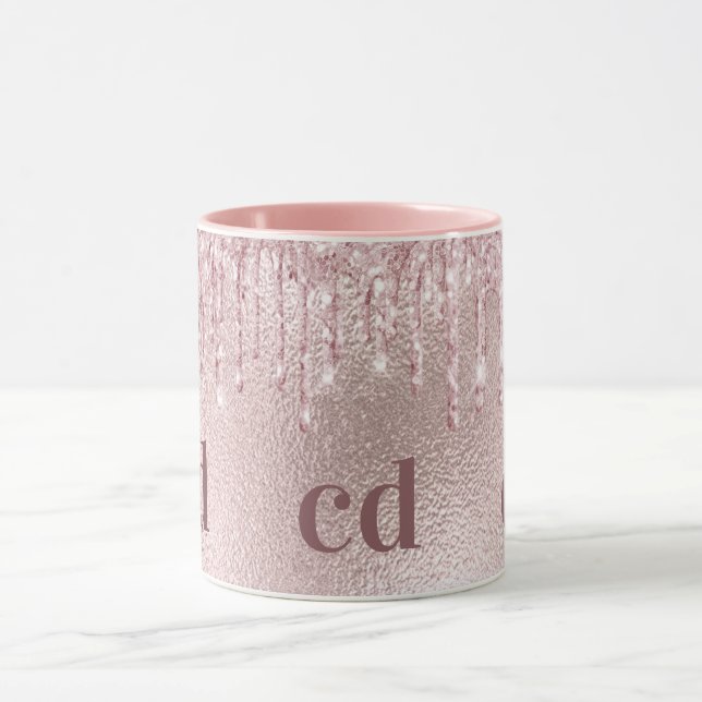 Rose gold glitter drips pink custom monogram  mug (Center)