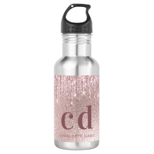 Rose gold glitter drips pink custom monogram name 532 ml water bottle