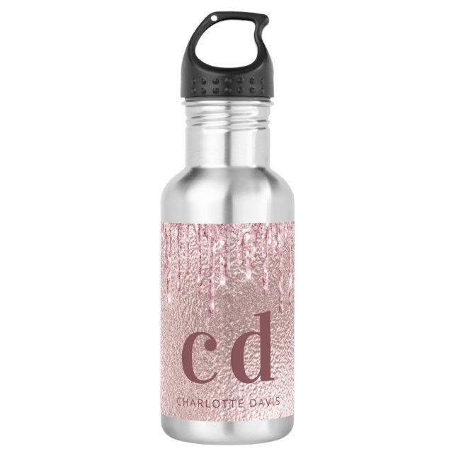 Rose gold glitter drips pink custom monogram name 532 ml water bottle (Front)