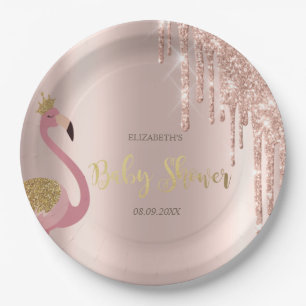 Rose Gold Glitter Drips Pink Flamingo Baby Shower Paper Plate