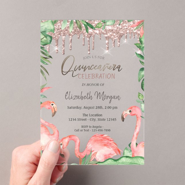 Rose Gold Glitter Drips Pink Flamingos Quinceañera Acrylic Invitations (Insitu (Handheld))