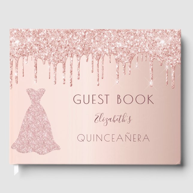 Rose gold glitter drips pink gown Quinceanera Guest Book (Front)