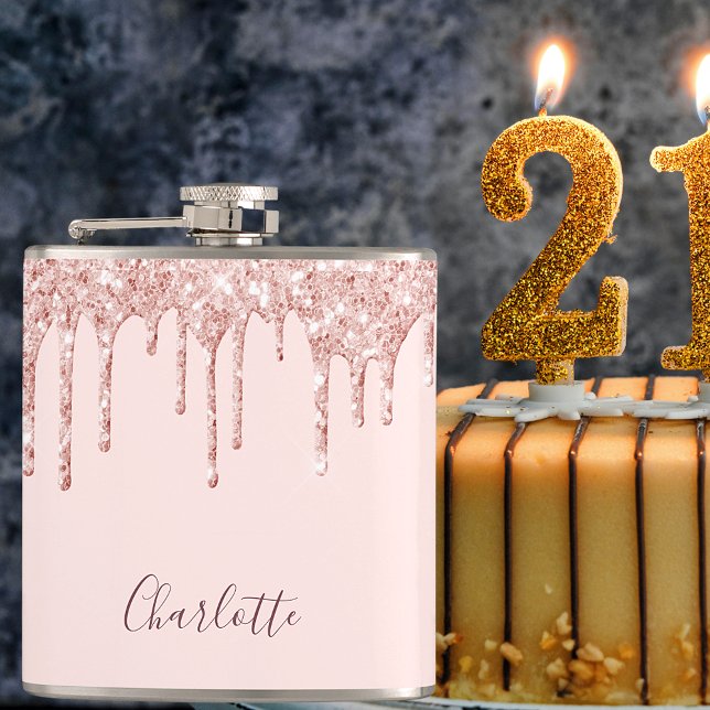 Rose gold glitter drips pink monogram hip flask (Creator Uploaded)