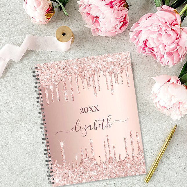 Rose gold glitter drips pink monogram luxury 2021 planner (Creator Uploaded)