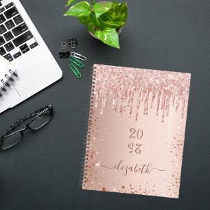 Rose gold glitter drips pink monogram name 2022 planner