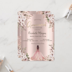 Rose Gold Glitter Drips Princess Dress Flowers  Invitation