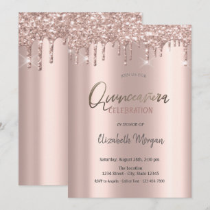 Rose Gold Glitter Drips Quinceanera Invitation