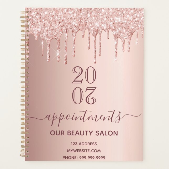 Rose gold glitter drips salon appointments 2026 planner (Front)