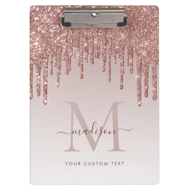 Rose Gold Glitter Drips Sparkle Modern Monogram Clipboard (Front)