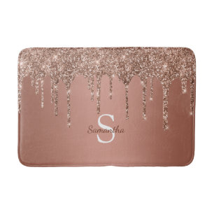 Rose Gold Glitter Drips Sparkle Monogram Name Bath Mat