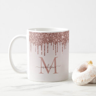 Rose Gold Glitter Drips Sparkle Monogram Script Coffee Mug