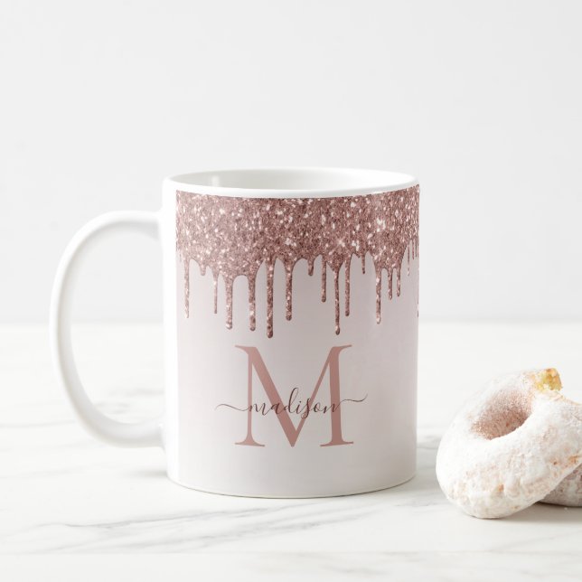 Rose Gold Glitter Drips Sparkle Monogram Script Coffee Mug (With Donut)