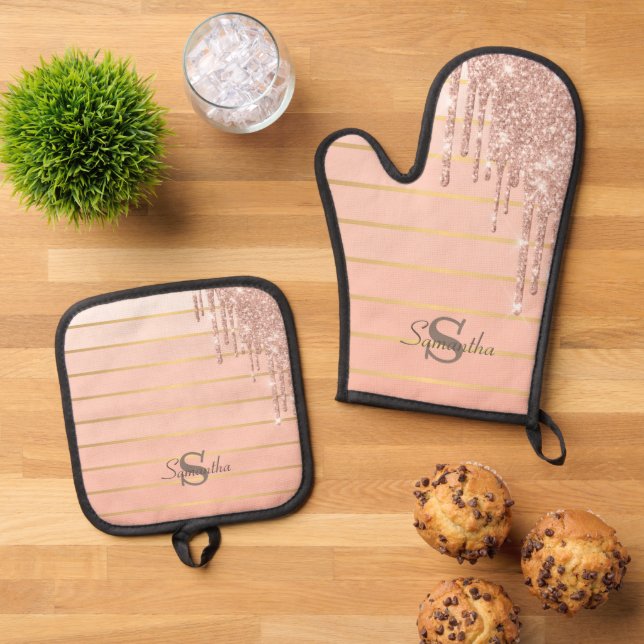 Rose Gold Glitter Drips Striped Oven Mitt & Pot Holder Set (Top Down)