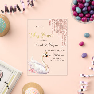 Rose Gold Glitter Drips Swan Crown Flowers Acrylic Invitations