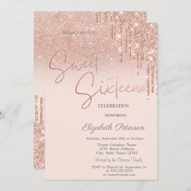 Rose Gold Glitter,Drips Sweet 16  Invitation (Front/Back)
