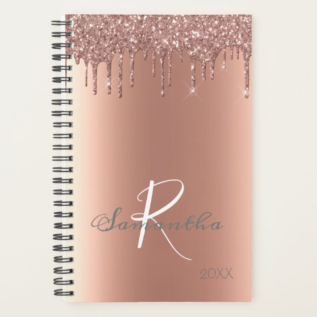 Rose Gold Glitter Drips Trendy Yearly Monogram Planner (Front)