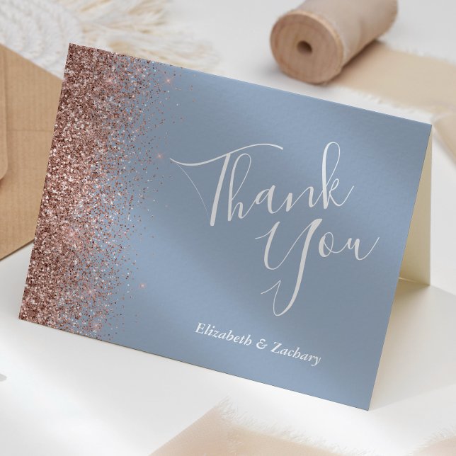 Rose Gold Glitter Dusty Blue Wedding Thank You Card (Creator Uploaded)