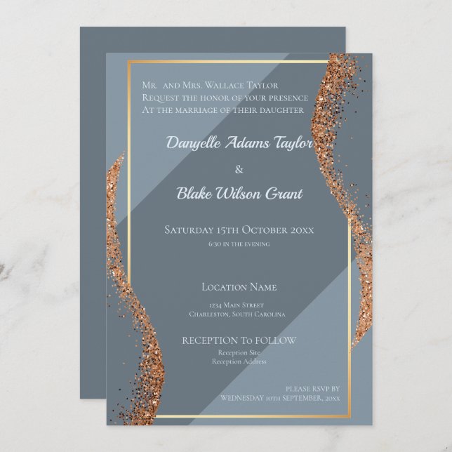 Rose Gold Glitter Dusty Blues Wedding Invitation (Front/Back)