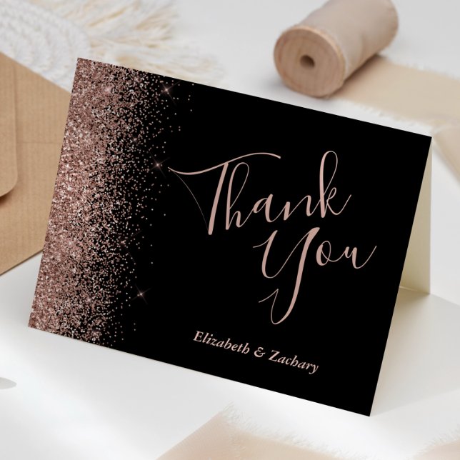 Rose Gold Glitter Edge Black Wedding Thank You Card (Creator Uploaded)