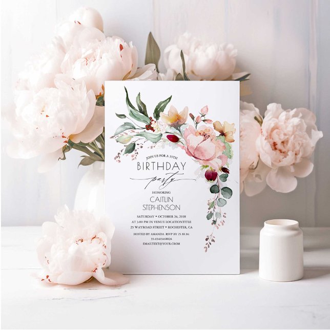 Rose Gold Glitter Elegant Floral Birthday Invitation (Floral Birthday Inivtations)